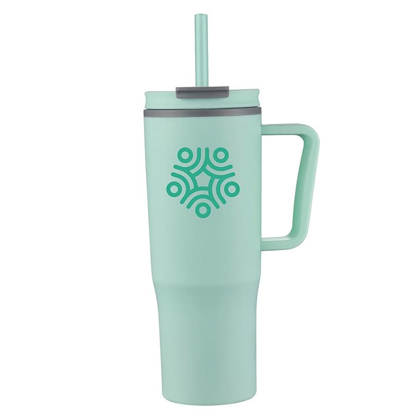30 oz Double Wall Plastic Travel Mug with Handle & Straw